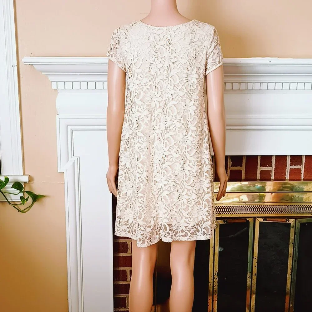 Altard State Lace Sequins Dress S A-Line Off White Cap Sleeve Lined Stretch